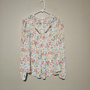 Gap Floral Pintuck Split-Neck Blouse Women's Size XS Long Sleeve Flowy Top